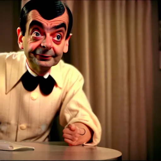 Image similar to mr. bean as a male pinup. movie still. cinematic lighting.