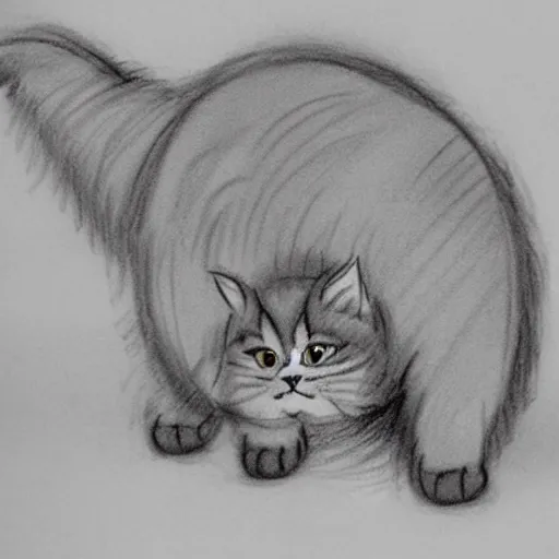 Image similar to extra fluffy Persian tabby cartoon cat standing on two feet, drawing by Don Bluth, pencil sketch with feathery lines