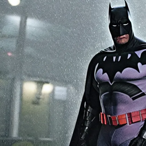 Prompt: Dwayne Johnson as Spiderbatman ,under rain, dramatic , an film still