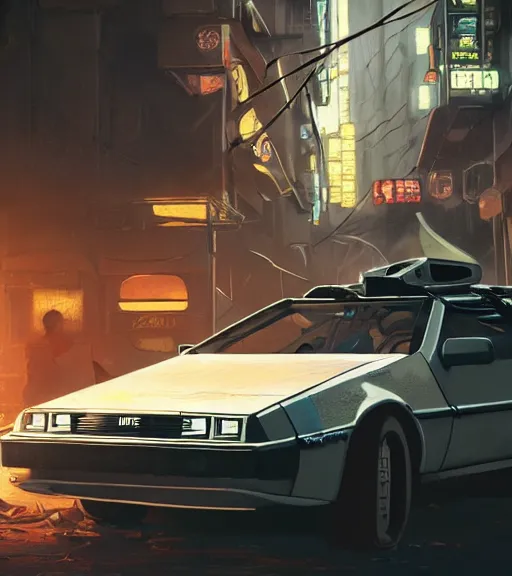Prompt: an epic fantasy comic book style portrait painting of an abandoned delorean standing in a crowded busy cyberpunk city, studio ghibli, unreal 5, daz, hyperrealistic, octane render, cosplay, rpg portrait, dynamic lighting, intricate detail, harvest fall vibrancy, cinematic