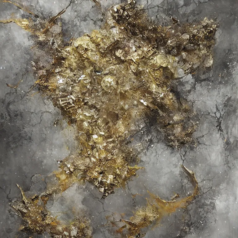 Image similar to the merge, clear crystals embedded, gold trim, faded worn, decay texture, the merge, hyper realistic, intricate concept art painting, quantum fantasy, the merge, super merge, narrative nature, grotesque dark, the merge,