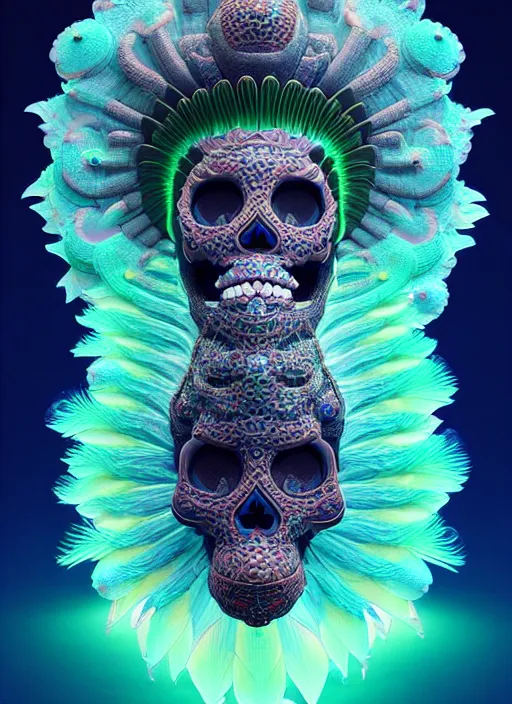 Image similar to 3 d goddess profile portrait, sigma 5 0 0 mm f / 5. beautiful intricate highly detailed quetzalcoatl skull and feathers. bioluminescent, plasma, lava, ice, water, wind, creature, thunderstorm! artwork by tooth wu and wlop and beeple and greg rutkowski, 8 k trending on artstation,