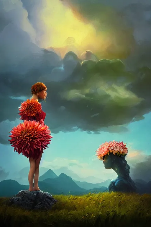 Image similar to closeup girl with giant dahlia flower head, standing on mountain, surreal photography, blue storm clouds, dramatic light, impressionist painting, digital painting, artstation, simon stalenhag