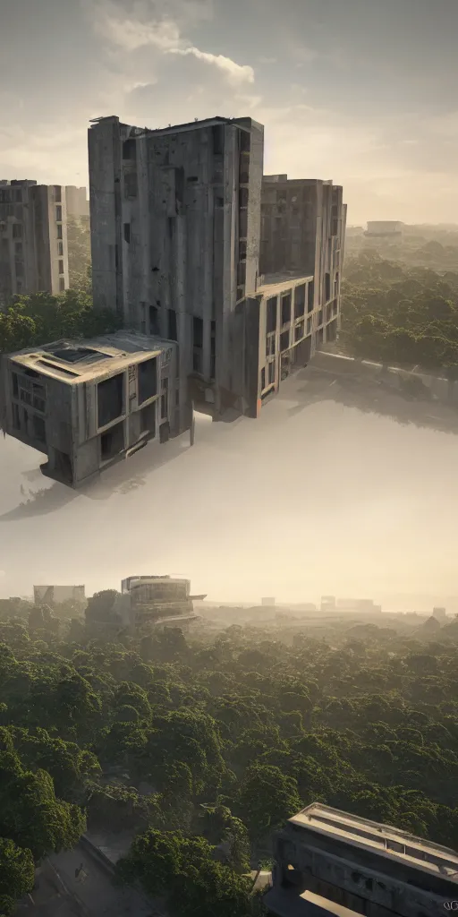 Image similar to brutalist architecture by Le Corbusier, high magnificent abandoned buildings, surrounded by lush green vegetation, stunning volumetric lighting, sunset, solid concrete, stunning skies, trending on Artstation, 8k, photorealistic, hyper detailed, unreal engine 5, IMAX quality, cinematic, epic lighting, in the style of DOOM and Quake and Greg Rutkowski