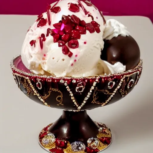 Prompt: an ice cream sundae made out of rubies and diamonds and chocolate, elegant and ornate,