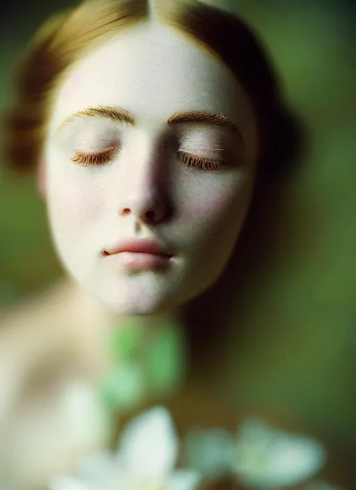 Image similar to Kodak Portra 400, 8K, soft light, volumetric lighting, highly detailed, britt marling style 3/4, Close-up portrait photography of a beautiful woman how pre-Raphaelites a woman with her eyes closed is surrounded by water, she has a beautiful lace dress and hair are intricate with highly detailed realistic beautiful flowers , Realistic, Refined, Highly Detailed, natural outdoor soft pastel lighting colors scheme, outdoor fine art photography, Hyper realistic, photo realistic