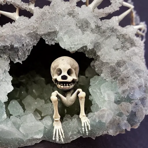 Prompt: mini dinosaur skeleton inside a crystal geode