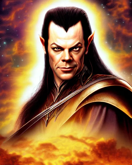 Prompt: Elrond from Lord of the rings, Cover art by Stephen Bliss, boxart, loading screen, 8K resolution