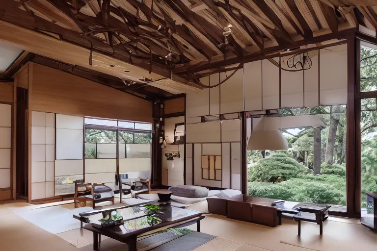 Prompt: modern Japanese living room, arched ceiling, luxurious wooden cottage, traditional, Japanese flower arrangements, high-tech devices, traditional fireplace, real estate photography