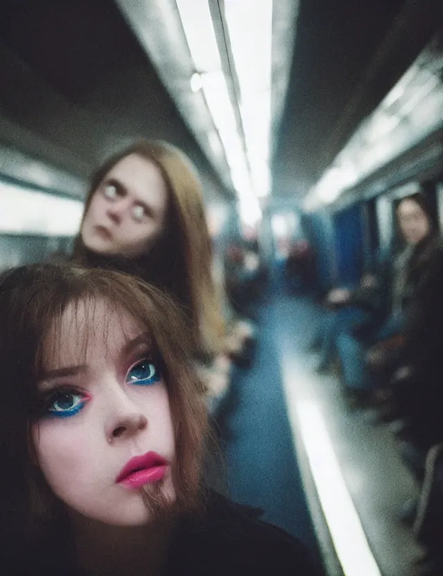 Image similar to portrait of girl with smokey eyes makeup in a subway train, neon light, wide high angle coloured polaroid photograph with flash, kodak film, hyper real, stunning moody cinematography, with anamorphic lenses, by maripol, fallen angels by wong kar - wai, style of suspiria and neon demon and children from bahnhof zoo, detailed