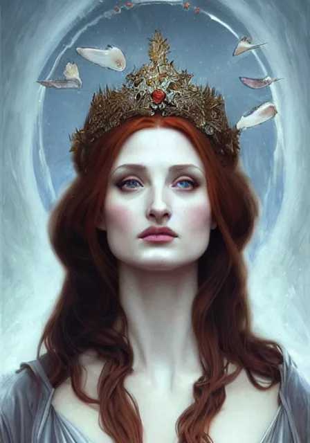 Prompt: sansa angeline jolie gessica chastain queen of death, intricate, elegant, highly detailed, digital painting, artstation, concept art, smooth, sharp focus, illustration, art by artgerm and greg rutkowski and alphonse mucha and william - adolphe bouguereau