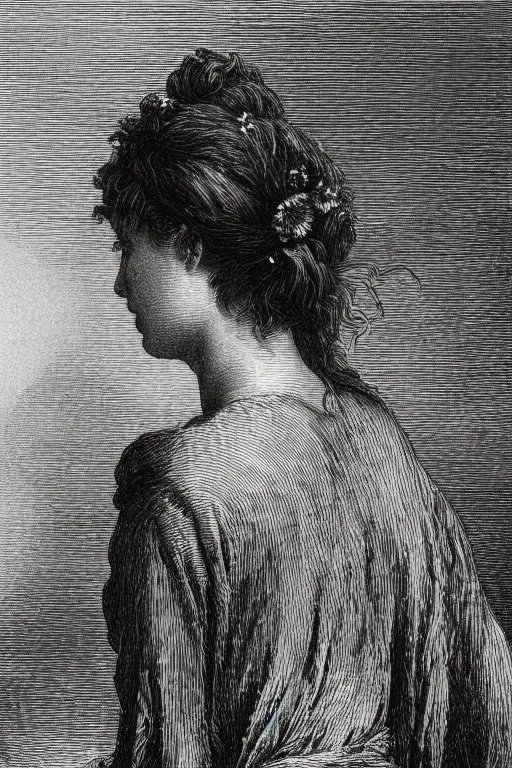 Image similar to extreme close-up, portrait of a beautiful french woman from behind with a wreath, Gustave Dore lithography