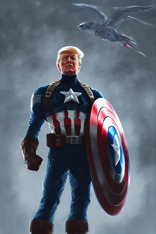 Image similar to a distant cinematic shot of Donald Trump as Captain America, D&D, fantasy, intricate, elegant, highly detailed, digital painting, artstation, concept art, matte, smooth, sharp focus, illustration, art by Artgerm and Greg Rutkowski and Alphonse Mucha, octane render, 8k, hyper realistic