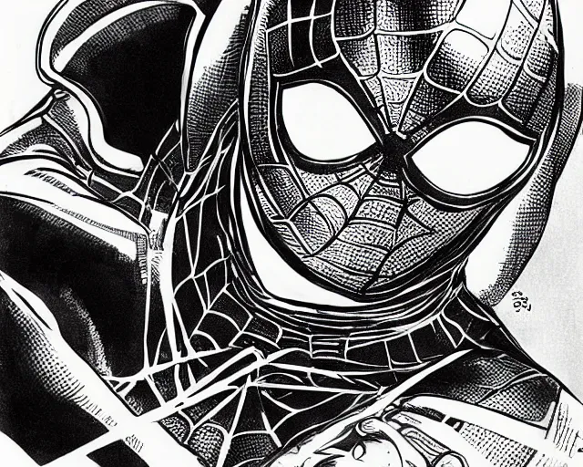 Image similar to photorealistic sketch of black spider - man with gold webbing by steve ditko