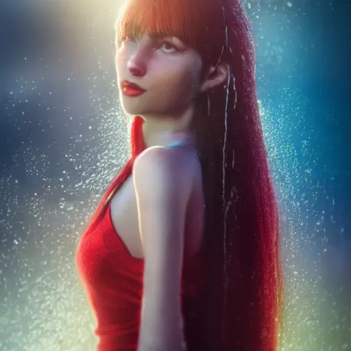 Image similar to a beautiful girl with long blue hair in a ponytail, with bangs, pale skin, yellow eyes, fully clothed in red robes, highly detailed, 8 k, octane render, professional portrait, realistic oil painting, rainy window, volumetric lighting, water droplets frozen in time, sprites, god rays,