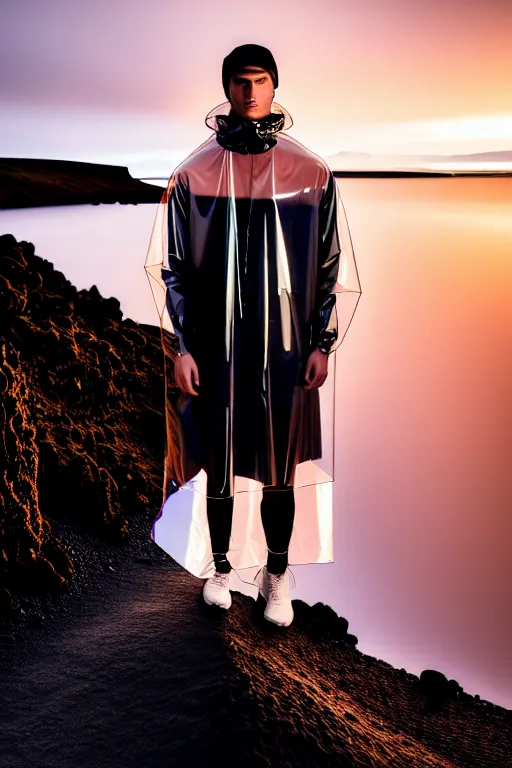 Image similar to an ultra high definition professional high fashion portrait studio full length photograph of a male model wearing a transparent pearlescent raincoat and neon visor in an icelandic black rock environment at dawn. no artefacts. extremely detailed. stark. refraction. shallow depth of field. volumetric light and shadow. ray tracing. light rays.