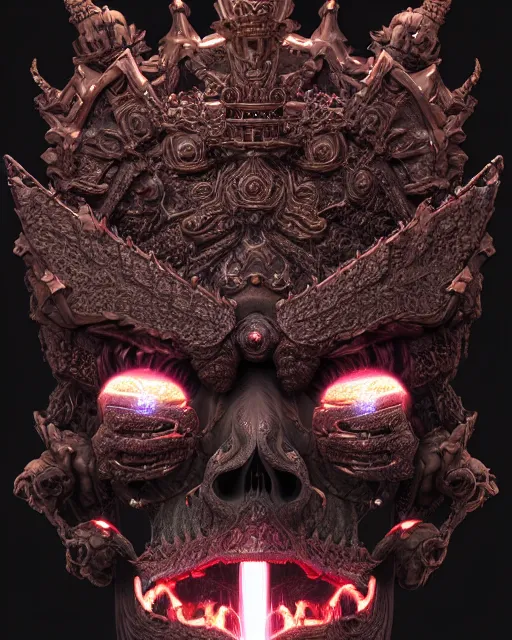 Image similar to 3 d ornate carved dark cosmic king with profile portrait, sigma 5 0 0 mm f / 5. beautiful intricate highly detailed quetzalcoatl skull. bioluminescent, plasma, lava, ice, water, wind, creature, thunderstorm! artwork by tooth wu and wlop and beeple and greg rutkowski, 8 k trending on artstation