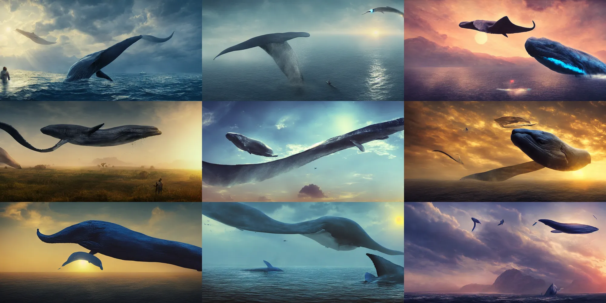 Prompt: a huge blue whale is flying above an indian suburb, epic, surreal, cinematic shot, golden hour, artstation, deviantart, dreamy atmosphere, high definition