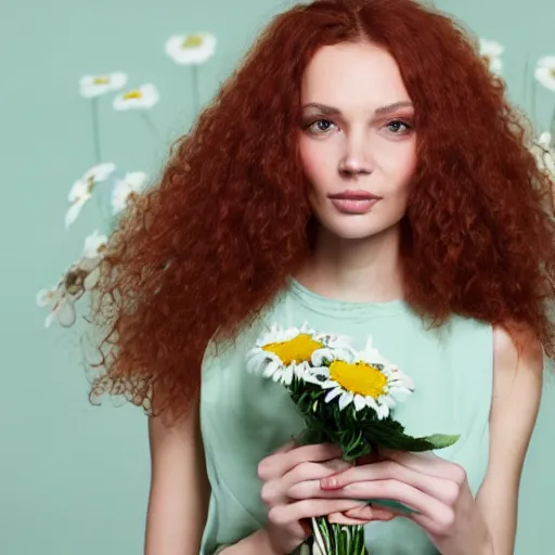 Image similar to a closeup portrait of slim, young woman, long straight red hair, holding a bouquet of daisies, she is looking down, soft mint green backdrop