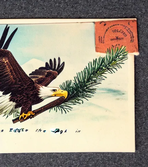 Prompt: damaged postcard of 'an eagle in the nest of a snowy pine tree' laying on table, zoomed out shot