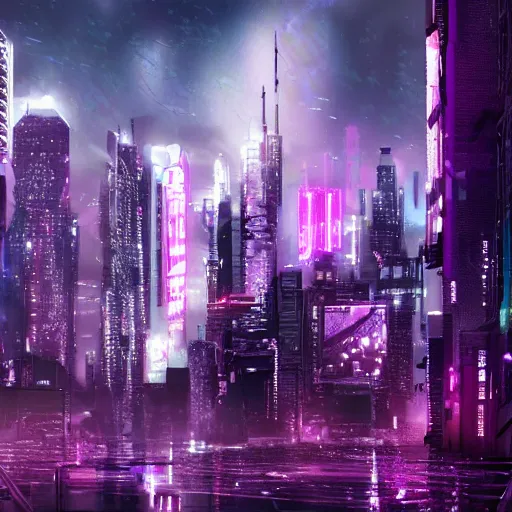 Image similar to HD, cyberpunk cityscape, purple rain