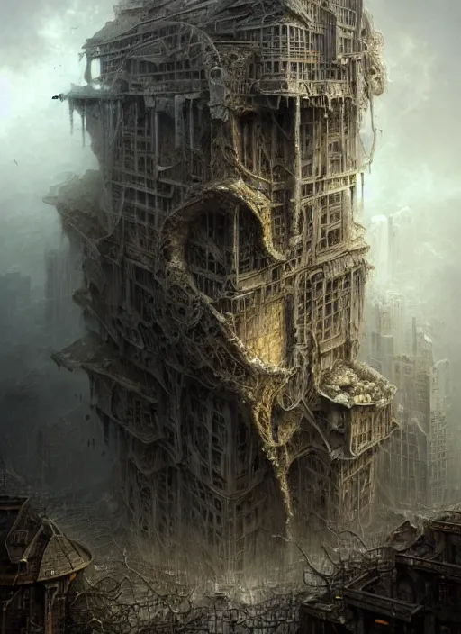 Image similar to closeup portrait shot of a broken building in a scenic dystopian environment, intricate, elegant, highly detailed, centered, digital painting, artstation, concept art, smooth, sharp focus, illustration, artgerm, tomasz alen kopera, peter mohrbacher, donato giancola, joseph christian leyendecker, wlop, boris vallejo