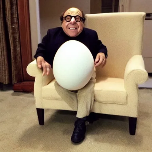 Image similar to danny devito offering you a chair shaped like an egg