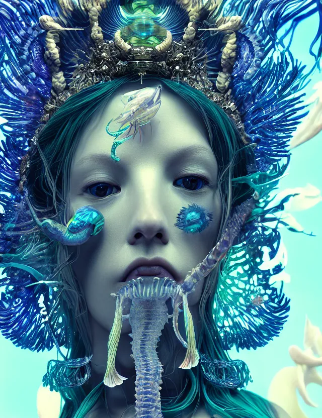 Image similar to render of goddess macro close - up portrait with crown made of phoenix ram skull. betta fish, jellyfish phoenix, bioluminiscent, plasma, ice, water, wind, creature, super intricate ornaments artwork by tooth wu and wlop and beeple and greg rutkowski