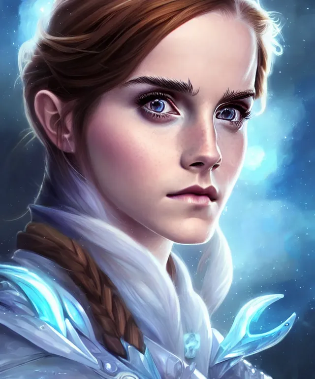 Prompt: Emma Watson as a ice magician, crystal maiden from dota 2, sci-fi, amber eyes, face, long hair, fantasy, intricate, elegant, highly detailed, digital painting, artstation, concept art, smooth, sharp focus, illustration, art by artgerm and greg rutkowski and alphonse mucha