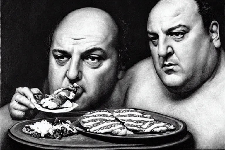 Image similar to tony soprano as a greek god eating gabagool, renaissance portrait