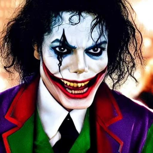 Image similar to stunning awe inspiring michael jackson as the joker, movie still 8 k hdr atmospheric lighting