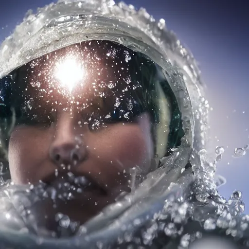 Image similar to futuristic female soldier eyes closed partly submerged in highly viscous clear fluid, frost particles, ice needles, cold blue light, complex hyperdetailed technical suit. white hair flowing. reflection. rays and dispersion of light. volumetric light. 5 0 mm, f / 3 2. noise film photo. ultra realistic, wide angle.