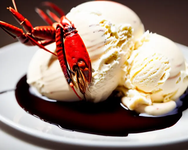 Image similar to dslr food photograph of vanilla ice cream with crawfish, some chocolate sauce, 8 5 mm f 1. 4