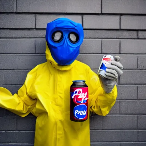 Prompt: a man wearing a hazmat suit and gasmask is holding a can of pepsi