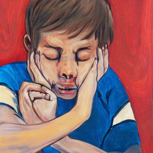 Image similar to old painting of a boy crying