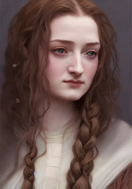 Prompt: portrait of little bird sansa stark with long hair, intricate, elegant, highly detailed, digital painting, artstation, concept art, smooth, sharp focus, illustration, art by artgerm and greg rutkowski and alphonse mucha and william - adolphe bouguereau