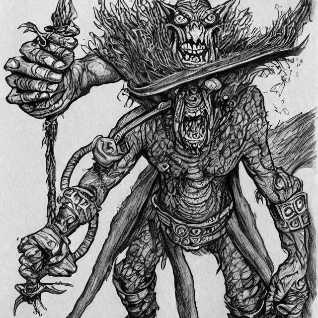 Image similar to Ink drawing of a goblin shamen in the style of the AD&D monster manual trending on artstation deviantart Pinterest detailedrealistic HD 8k High Resolution