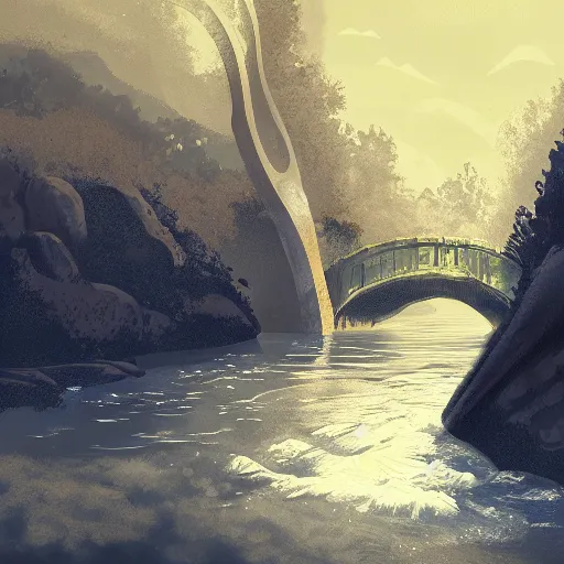 Image similar to a river flowing under a bridge, concept art by nina tryggvadottir