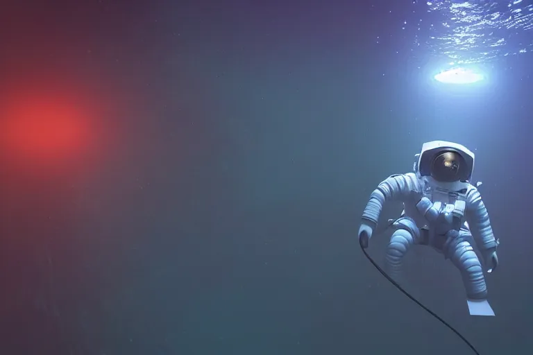 Prompt: astronaut underwater in the ocean at night, volumetric lighting, glowing lights, 4k, octane, unreal engine,