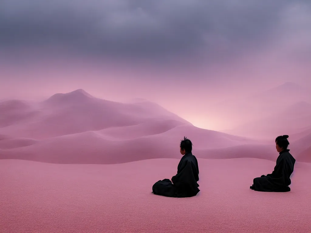 Image similar to lone japanese edo samurai sitting meditating in the middle of a soft glow pink desert with snow mountains and cloudy skies, long exposure, detailed, hyper realistic, photorealism, landscape, ultra wide angle view, peaceful, cinematic, volumetric lighting, god ray