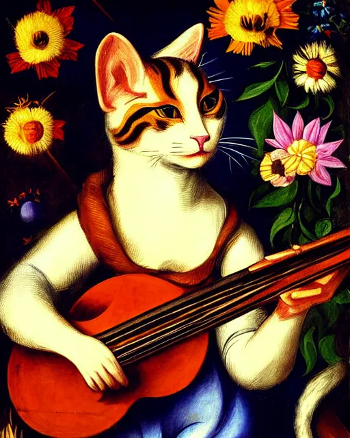 Prompt: baroque portrait of a anthropomorphic cat playing a lute, garden with flowers, digital art, dnd character, award winning, by franz marc