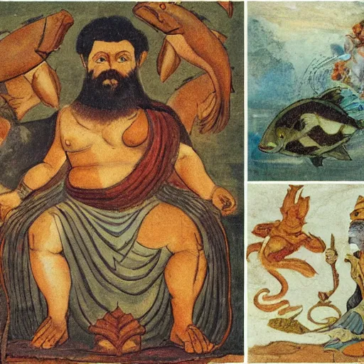 Prompt: The collage shows a mythological scene. A large, bearded man is shown seated on a throne, surrounded by sea creatures. He has a trident in one hand and a shield in the other. Behind him is a large fish, and in front of him are two smaller creatures. lofi, cave painting by Beatrix Potter, by Henry Justice Ford geometric