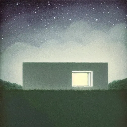 Image similar to atmospheric cozy futuristic organic white concrete house in the middle of a lush and dense forest at night, a beautiful lake next to it, night time, night sky, starry night sky, by Quint Buchholz