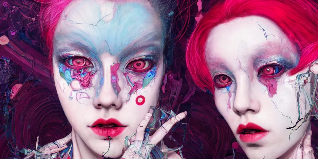 Image similar to full view portrait of a pale cyborg woman crying, in the style of jin kagetsu and james jean, background by beatriz milhazes, highly detailed, big glowing eyes, pink hair, red lipstick, face symmetry, masterpiece, sharp focus, realistic intricate concept art, dramatic lighting, 8 k