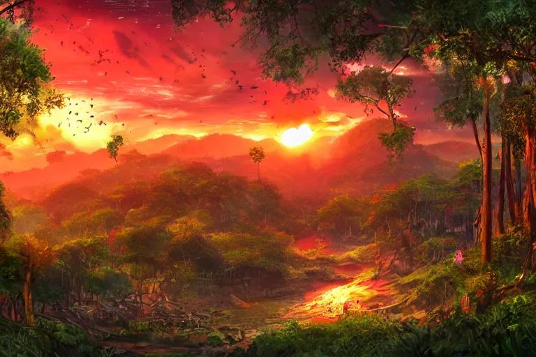 Image similar to gorgeous scarlet android beautiful sunset in the distance through the forest, jungle mountains in the background, highly detailed, trending on art station, very detailed birds, viva la vida art by coldplay