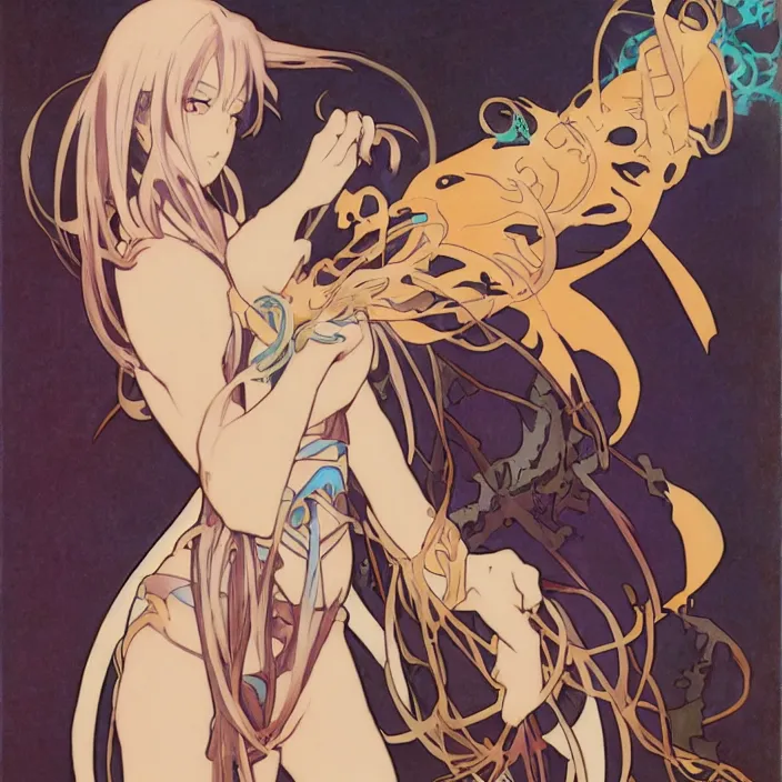 Image similar to portrait of rimuru tempest from'that time i got reincarnated as a slime '. art by alphonse mucha and greg rutkowski
