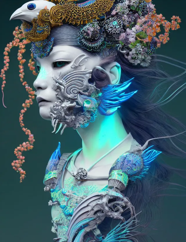 Image similar to 3 d goddess close - up profile solarpunk portrait ram skull. beautiful intricately detailed japanese crow kitsune mask and clasical japanese kimono. betta fish, jellyfish phoenix, bio luminescent, plasma, ice, water, wind, creature, artwork by tooth wu and wlop and beeple and greg rutkowski