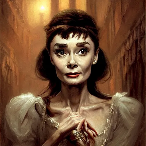 Image similar to audrey hepburn in a horror novel, inside haunted mansion, various backgrounds, highly detailed, digital painting, artstation, matte, illustration, art by gaston bussiere, greg rutkowski, j. c. leyendecker