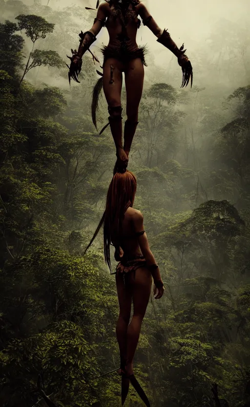 Prompt: vertical movie frame with Amazonian princess fights, standing on rock, seen from below, inspired by monster hunter and dark fantasy and fashion, beautiful body, clean brutal blooded symmetrical face, brutal bloody sluty make up, epic,dramatic lighting, cinematic, establishing shot, extremely high detail, photorealistic, brutal, provocative , cinematic lighting, artstation, octane render, dark fantasy ,old photo, vintage, black and white, Boris vallejo, sepia, old photography, documentary photography