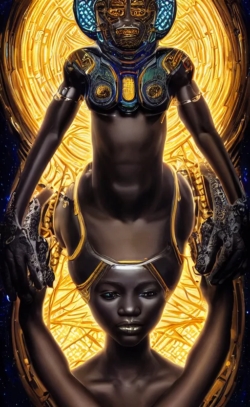 Image similar to young african cyborg queen, dazzling glowing eyes, elegant, striking composition, highly detailed ornate sci fi background, highly detailed, beautiful composition, painting in the style of sandro botticelli, caravaggio, albrecth durer, 8k